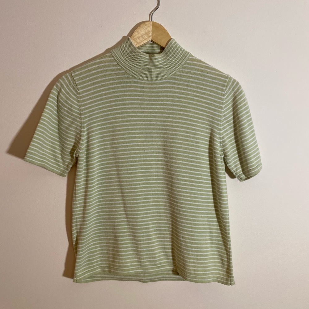 VTG Charter Club Light Green and White Striped Mock Neck Short Sleeve Top Size M